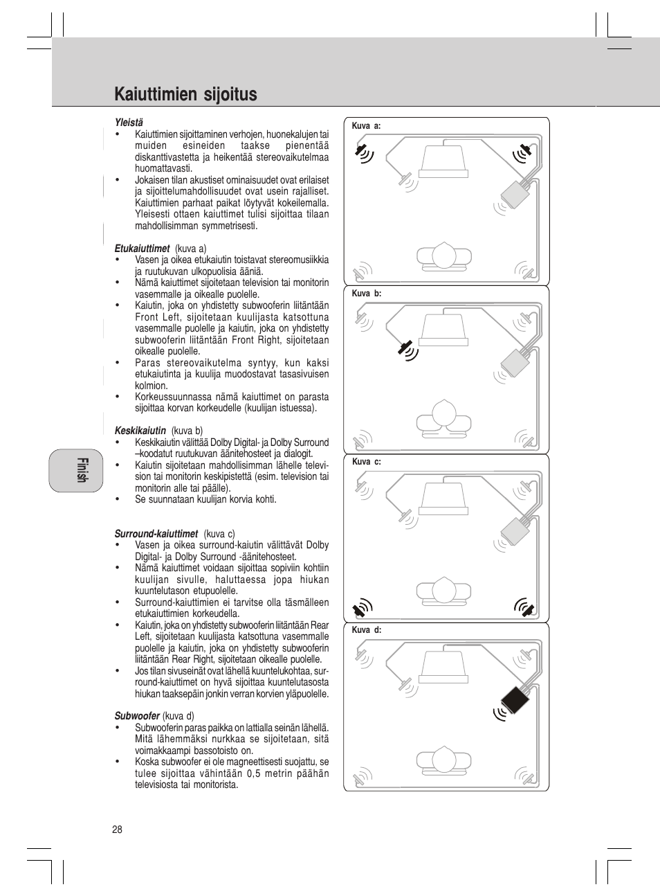 Kaiuttimien sijoitus | Philips MMS316 User Manual | Page 28 / 50