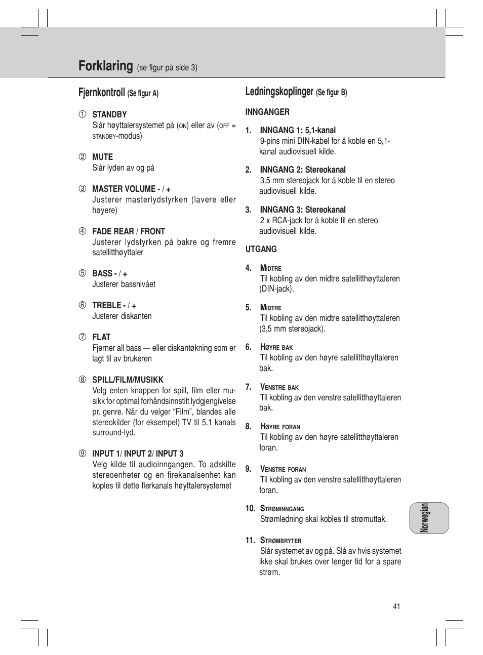 Forklaring, Fjernkontroll, Ledningskoplinger | Philips MMS316 User Manual | Page 41 / 50