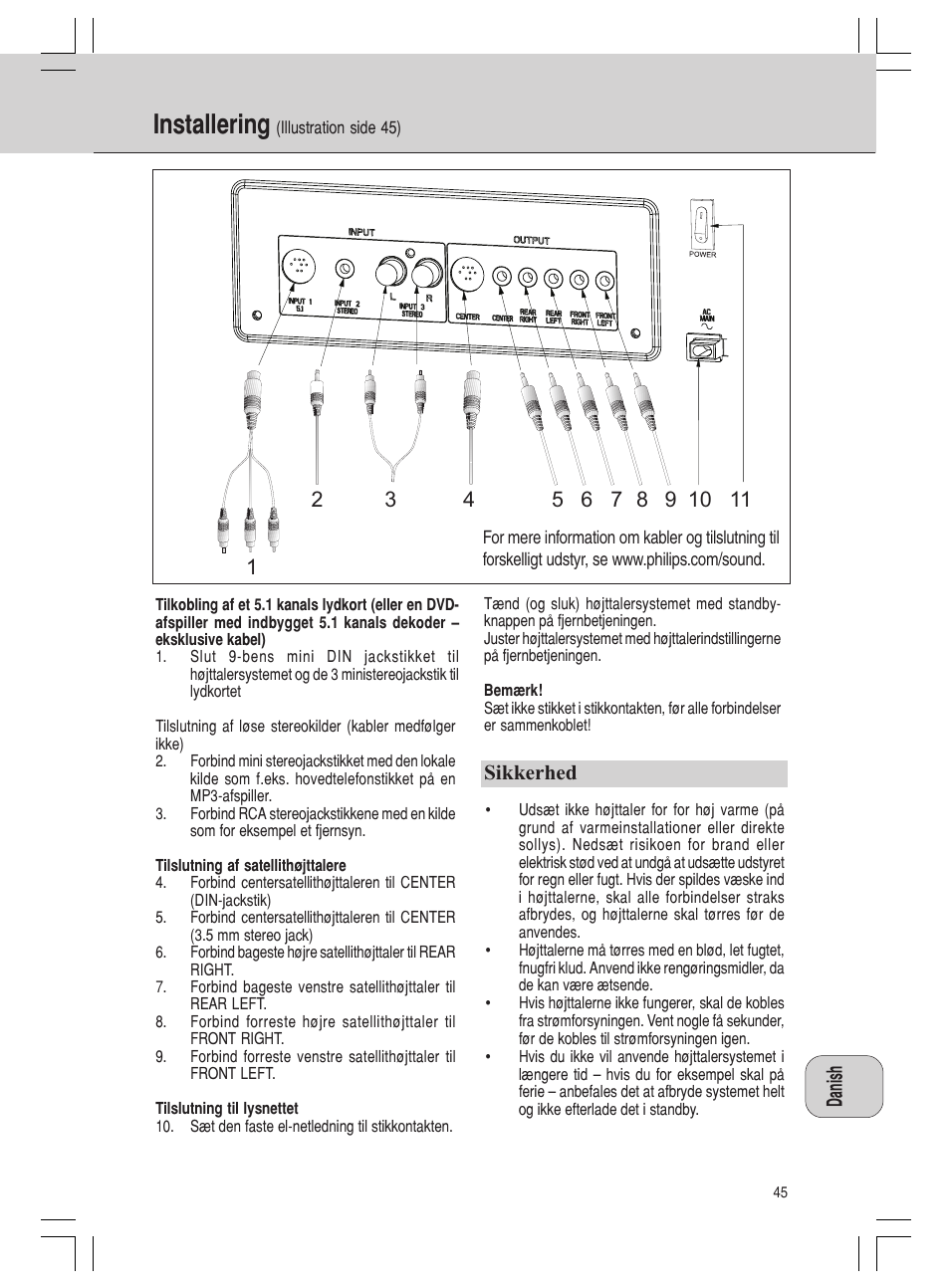 Installering, Sikkerhed | Philips MMS316 User Manual | Page 45 / 50