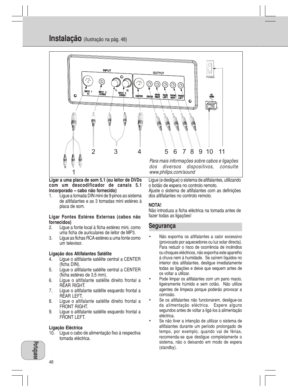 Instalação, Segurança | Philips MMS316 User Manual | Page 48 / 50