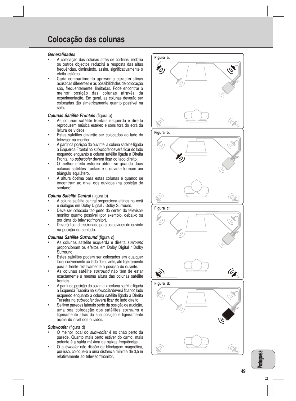 Colocação das colunas, Portuguese | Philips MMS316 User Manual | Page 49 / 50