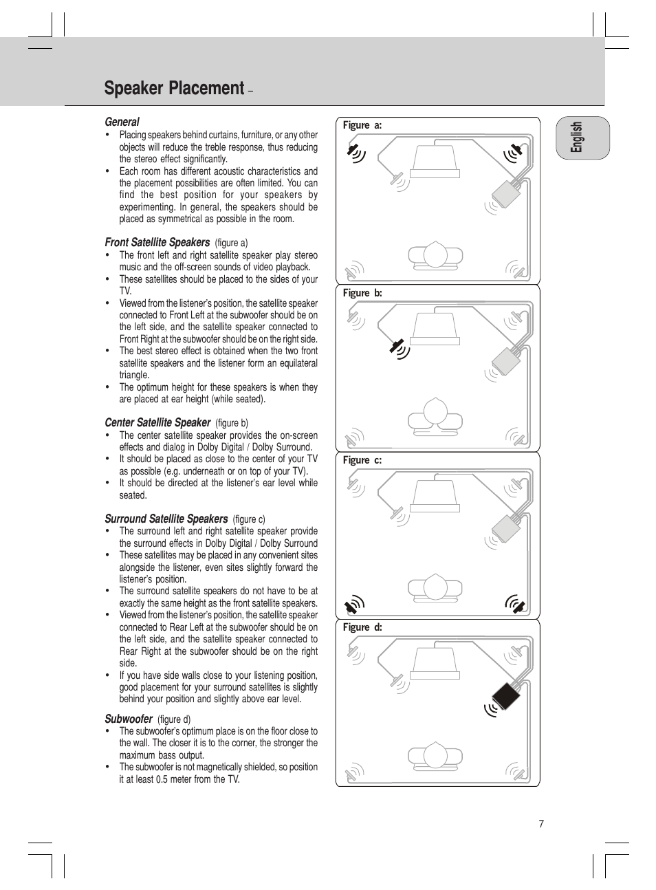 Speaker placement | Philips MMS316 User Manual | Page 7 / 50