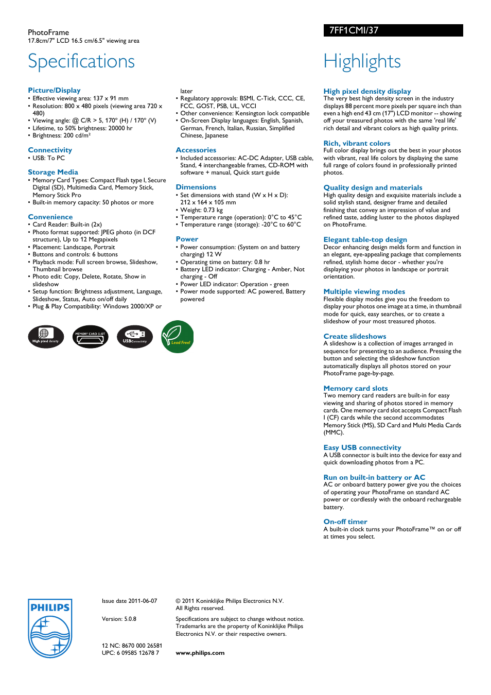 Specifications, Highlights, 7ff1cmi/37 | Philips 7FF1CMI/37 User Manual | Page 2 / 2