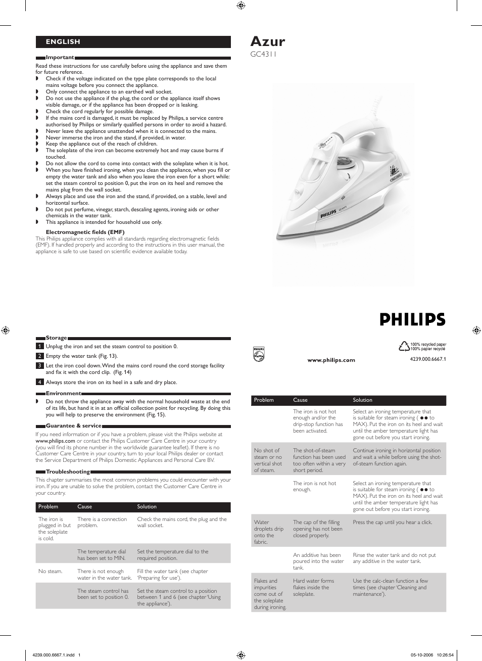 Philips Azur GC4311 User Manual | 2 pages