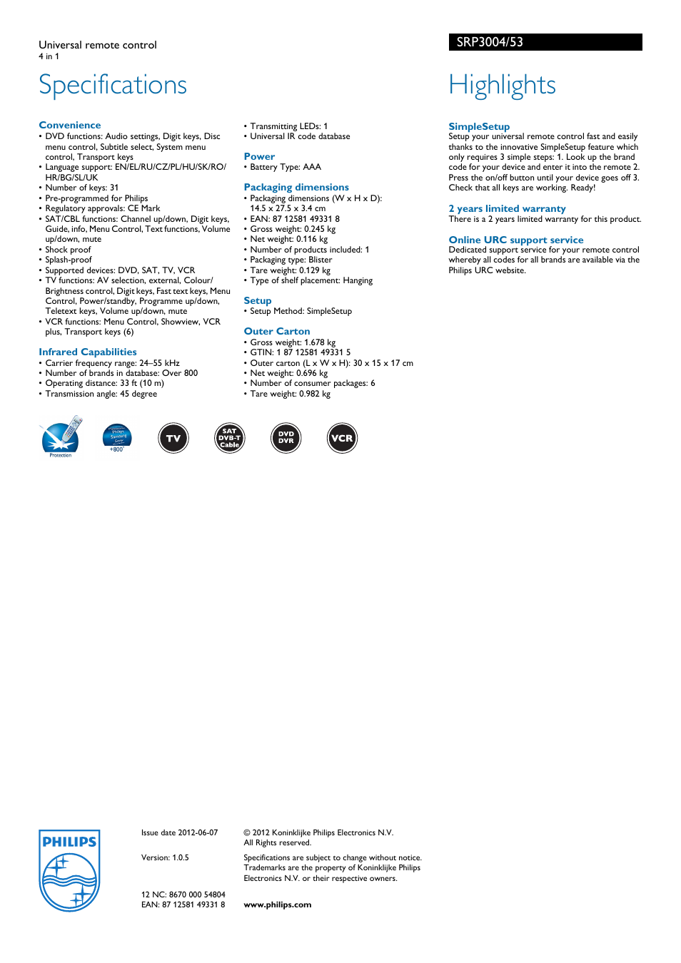 Specifications, Highlights | Philips PERFECT SRP3004 User Manual | Page 2 / 2