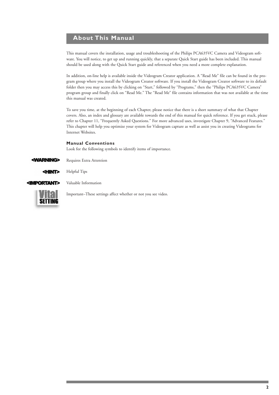About this manual | Philips PCA635VC User Manual | Page 2 / 47