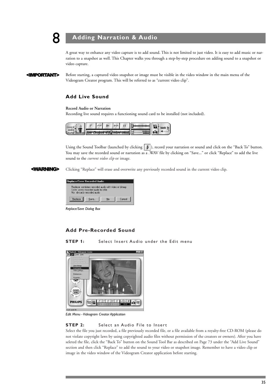 Adding narration & audio | Philips PCA635VC User Manual | Page 35 / 47