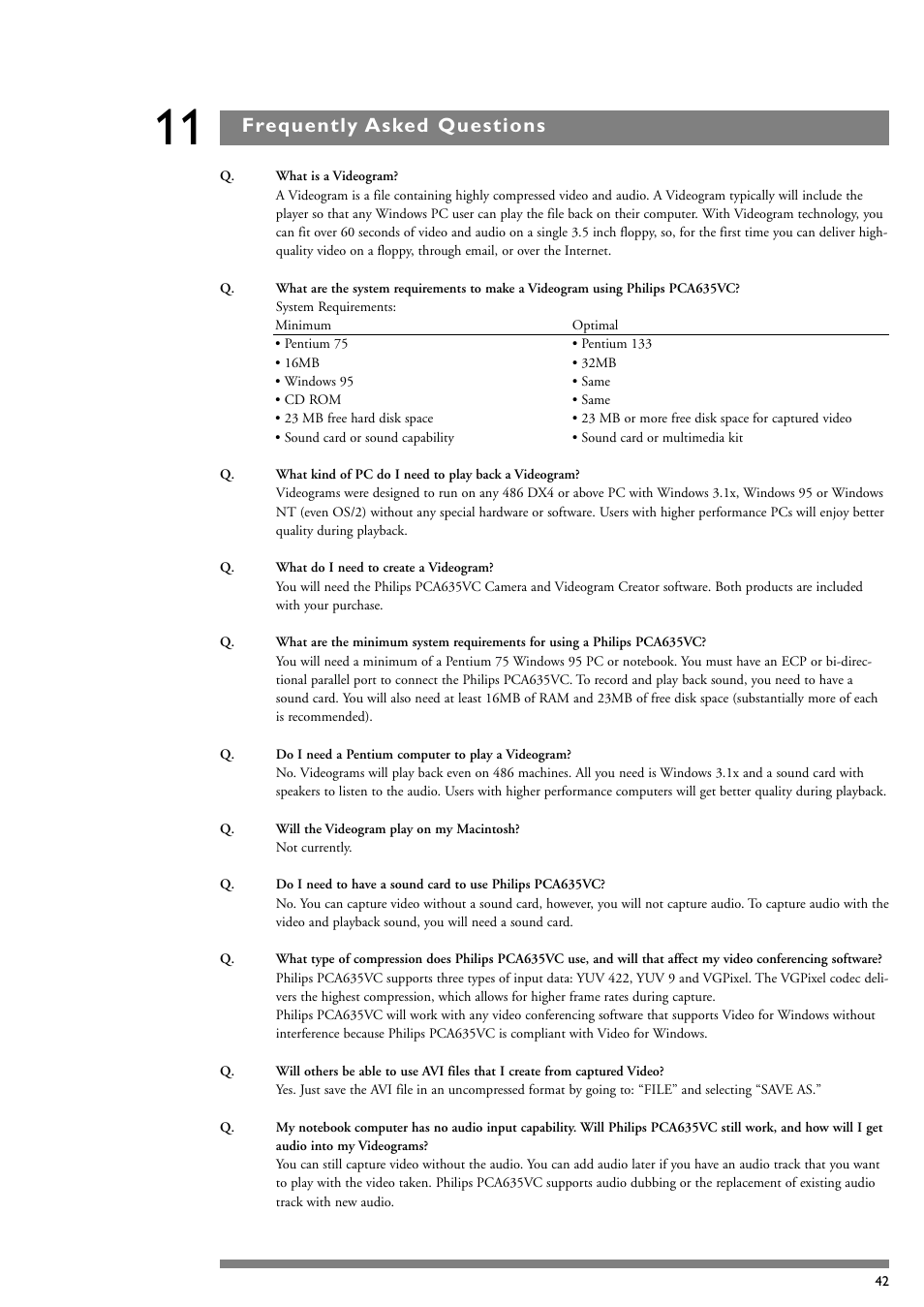 Frequently asked questions | Philips PCA635VC User Manual | Page 42 / 47