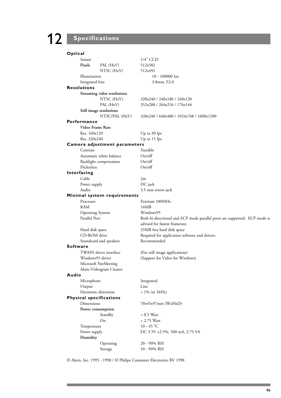 Specifications | Philips PCA635VC User Manual | Page 46 / 47