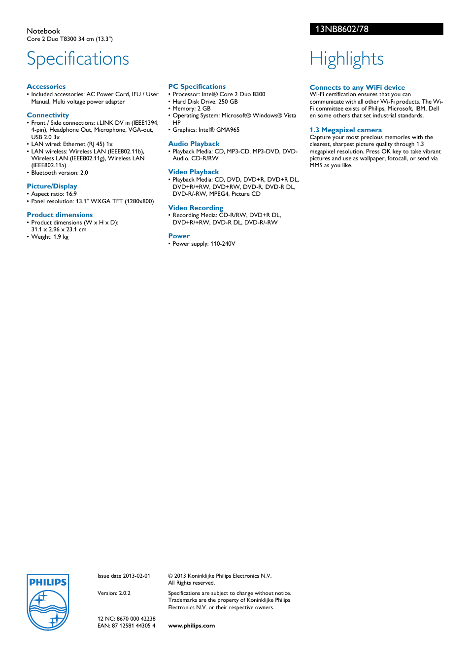 Specifications, Highlights | Philips 13NB8602 User Manual | Page 2 / 2