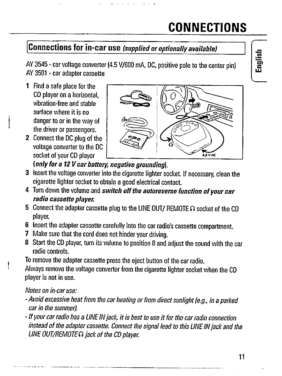 Connections, Connections for in-car use | Philips AZ 7394 User Manual | Page 11 / 23