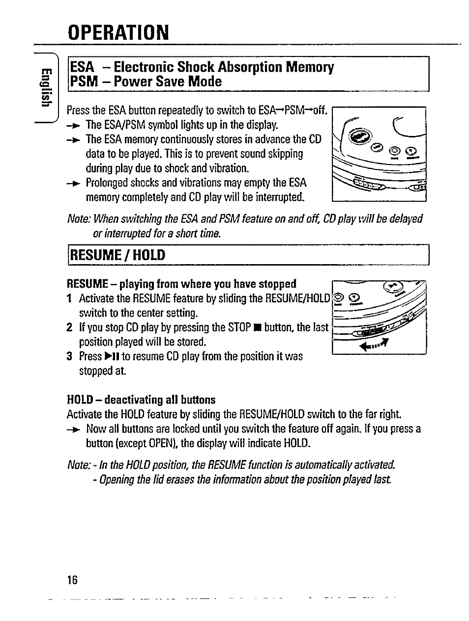 Resume/hold, Resume - playing from where you have slopped, Hold - deactivating all buttons | Operation | Philips AZ 7394 User Manual | Page 16 / 23