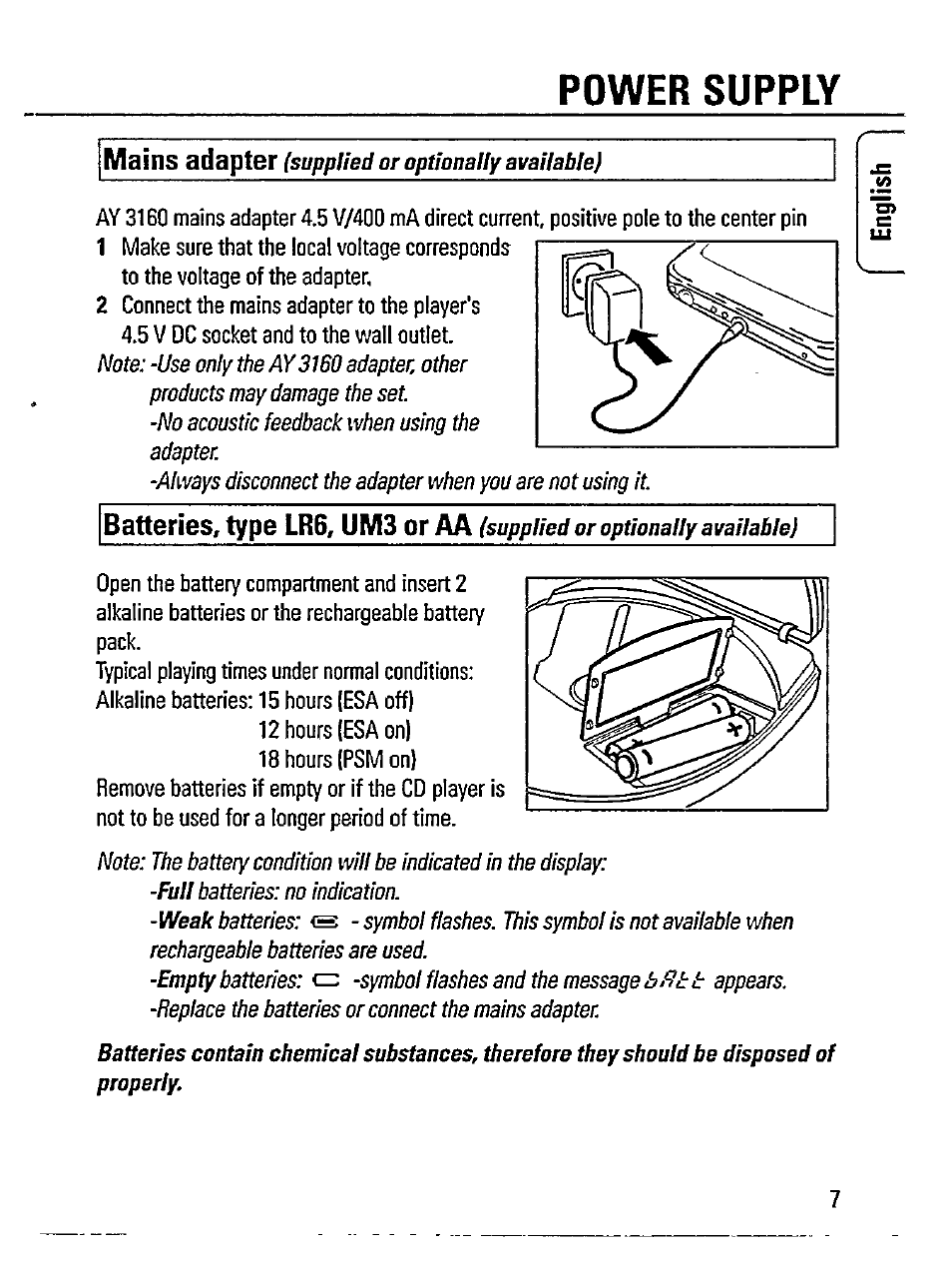 Power supply, Mains adapter, Baheries, type lr6, um3 or aa | Philips AZ 7394 User Manual | Page 7 / 23