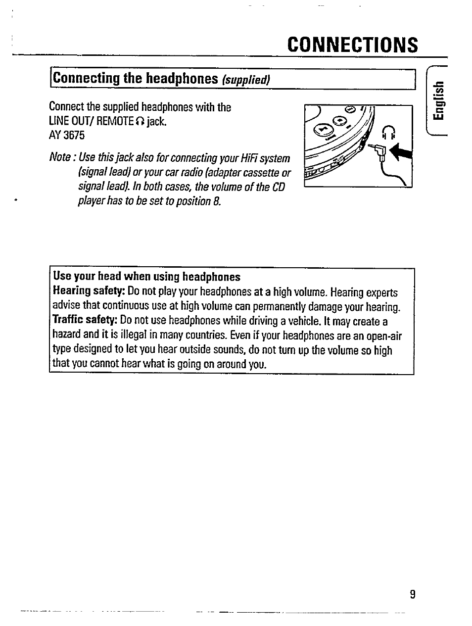 Connecting the headphones (supphed), Connections, Connecting the headphones | Philips AZ 7394 User Manual | Page 9 / 23