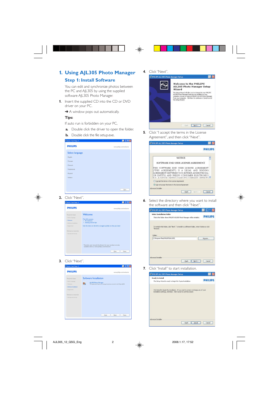 Using ajl305 photo manager, Step 1: install software | Philips AJL305 User Manual | Page 2 / 4