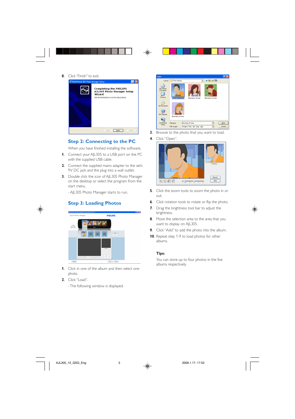 Step 2: connecting to the pc, Step 3: loading photos | Philips AJL305 User Manual | Page 3 / 4