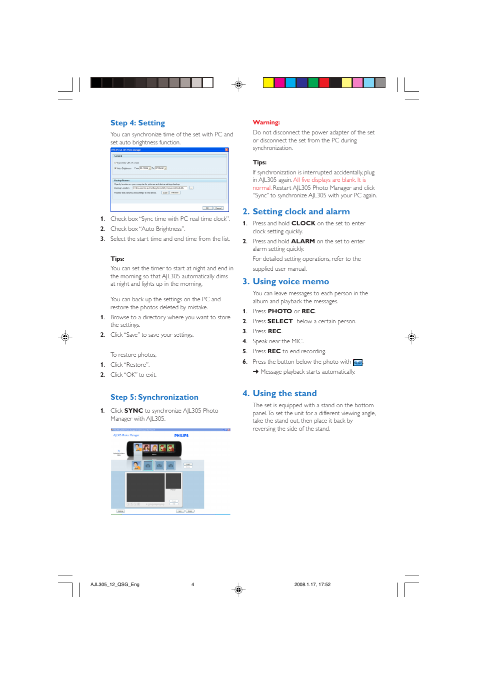Setting clock and alarm, Using the stand, Step 4: setting | Step 5: synchronization | Philips AJL305 User Manual | Page 4 / 4