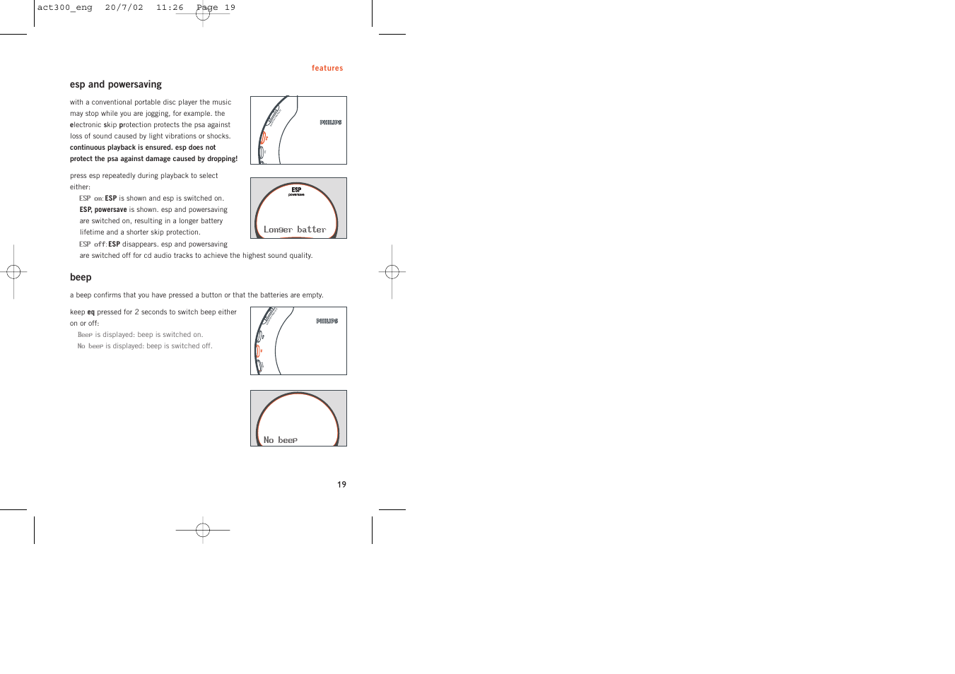 Esp and powersaving, Beep, Longer batter | Philips ACT300 User Manual | Page 19 / 28