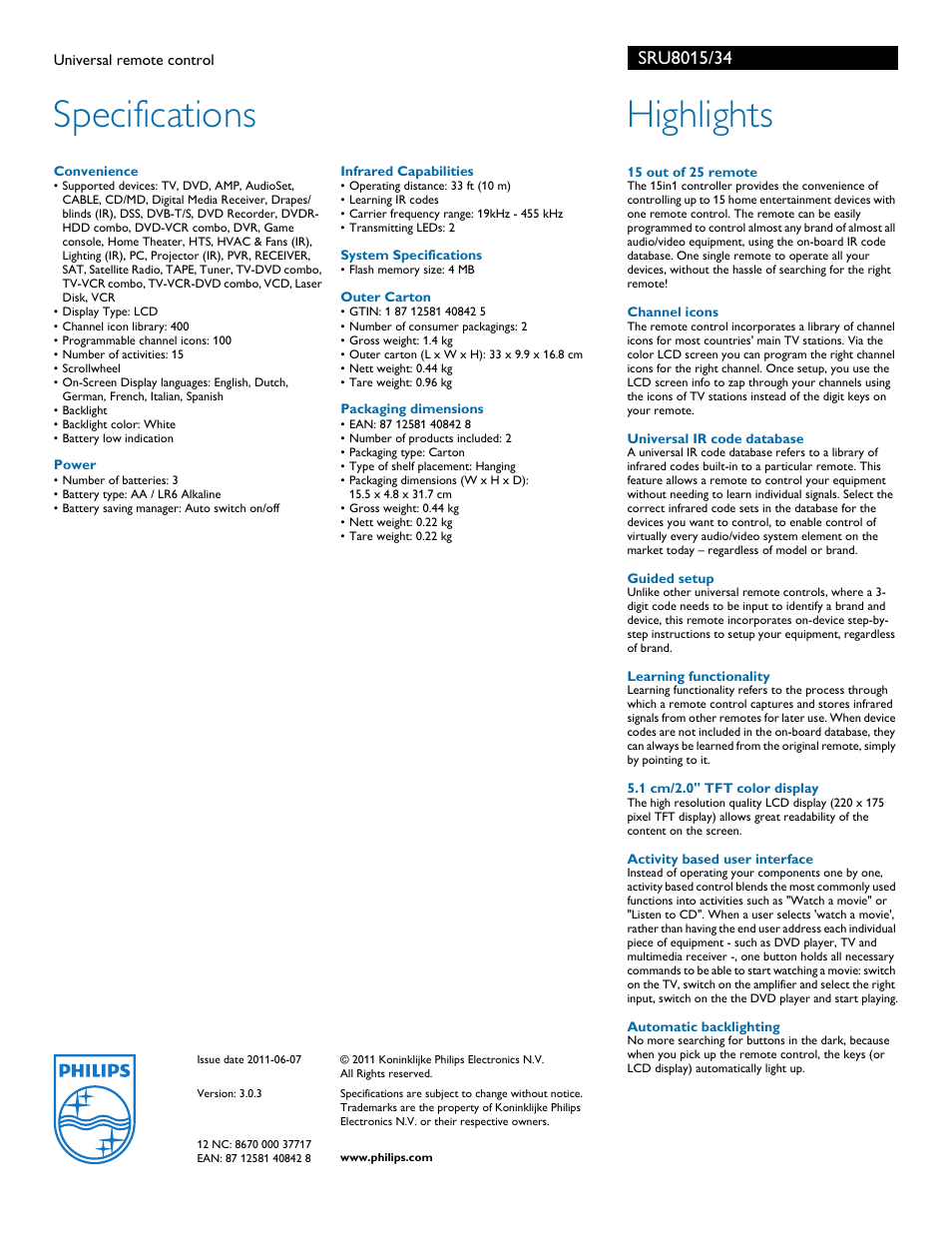 Specifications, Highlights | Philips Prestigo SRU8015 User Manual | Page 2 / 2