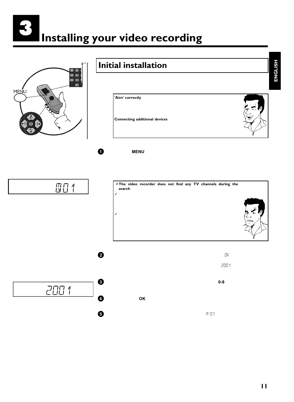 Installing your video recording, Initial installation | Philips VR270B/07 User Manual | Page 15 / 39