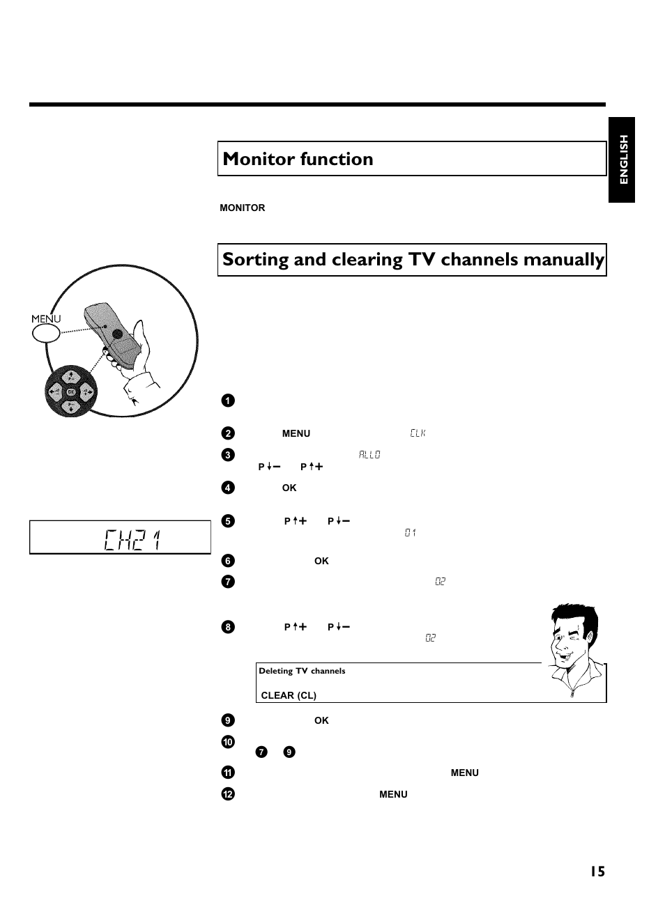 Monitor function, Sorting and clearing tv channels manually, Ch21 | Installing your video recording | Philips VR270B/07 User Manual | Page 19 / 39