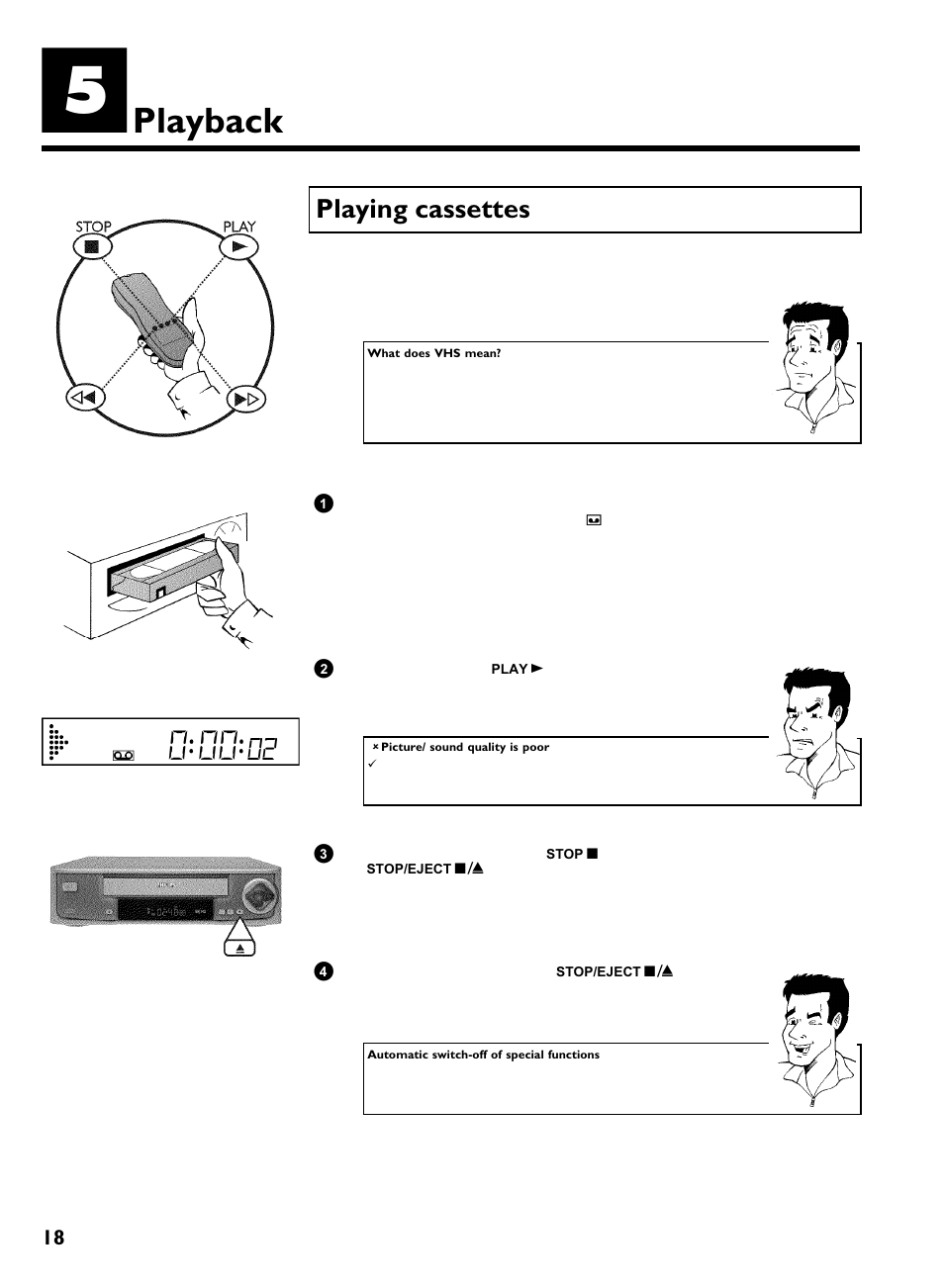 Playback, Playing cassettes | Philips VR270B/07 User Manual | Page 22 / 39