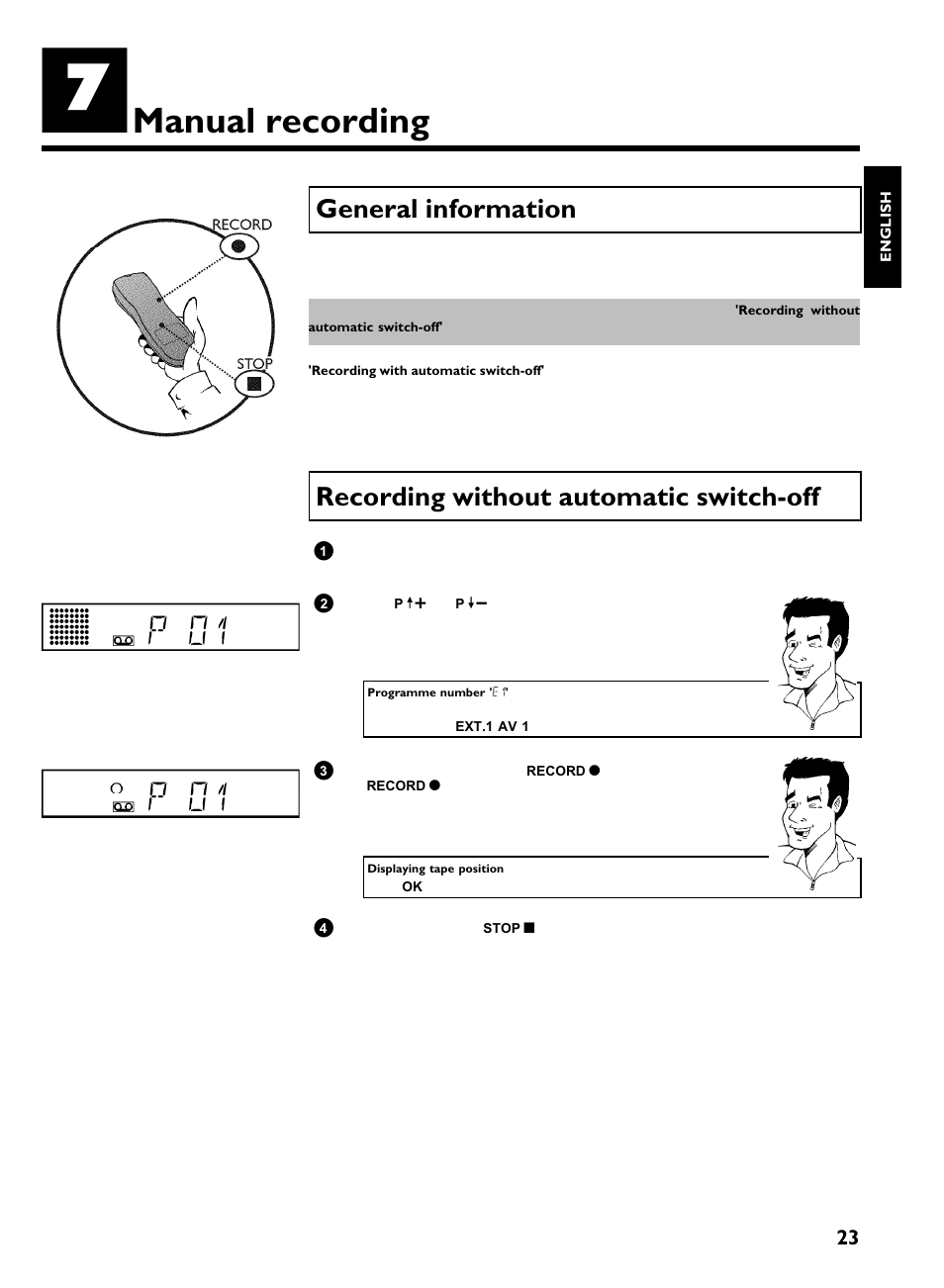 Manual recording, General information, Recording without automatic switch-off | P 01, Recording without automatic switch off | Philips VR270B/07 User Manual | Page 27 / 39