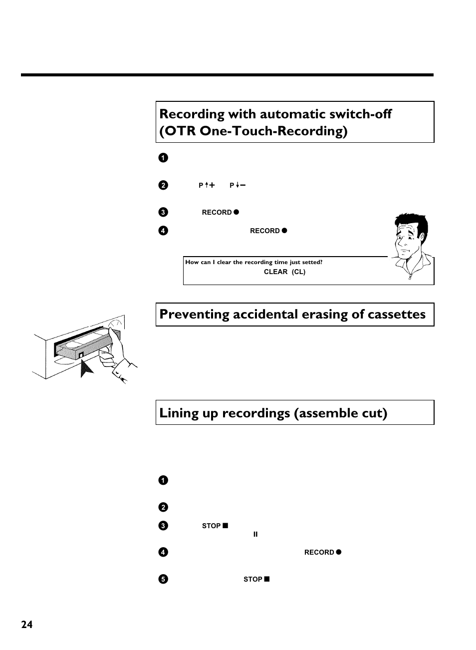 Preventing accidental erasing of cassettes, Lining up recordings (assemble cut), Manual recording | Philips VR270B/07 User Manual | Page 28 / 39