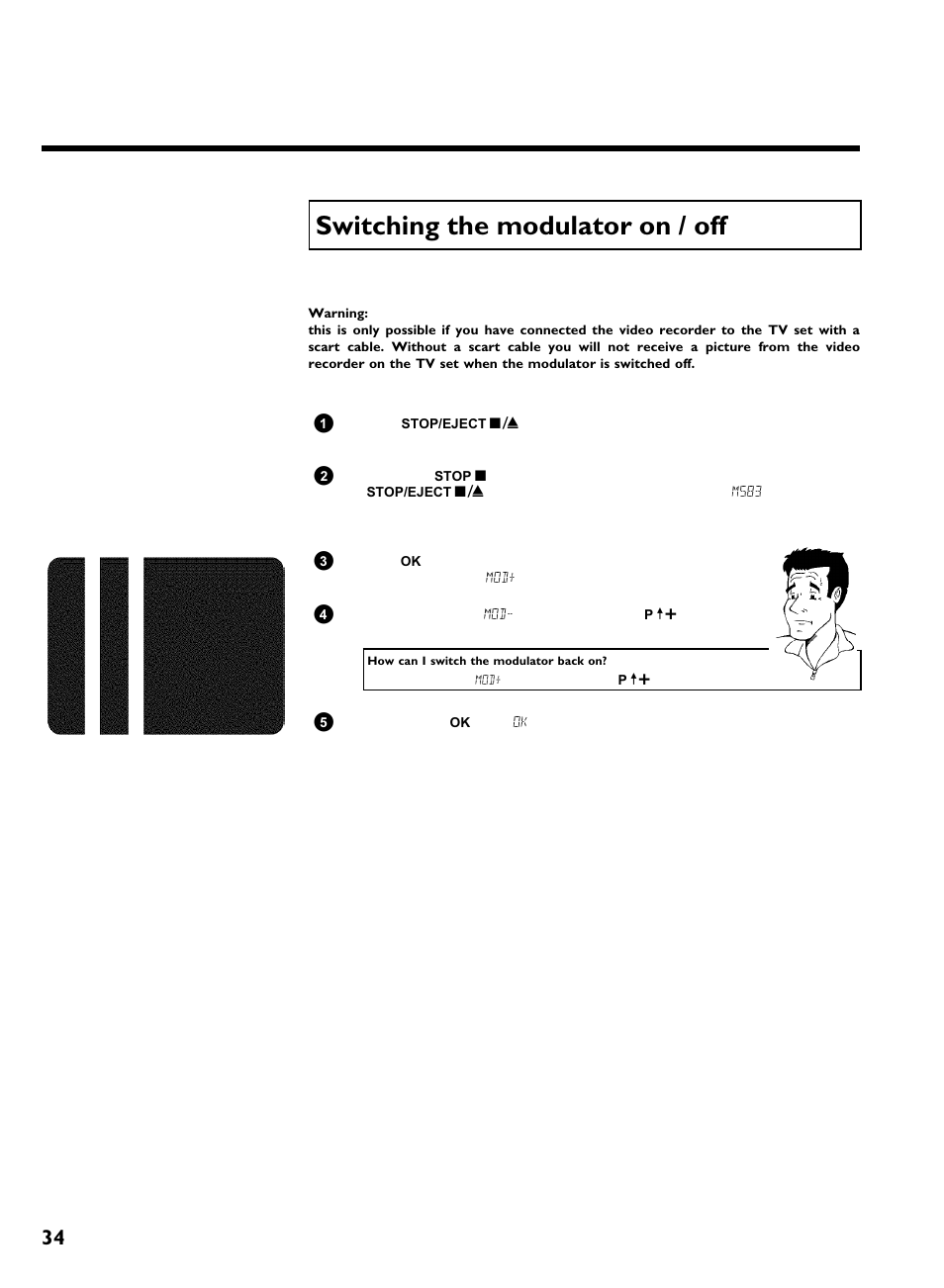 Switching the modulator on / off, Suppressing interference | Philips VR270B/07 User Manual | Page 38 / 39