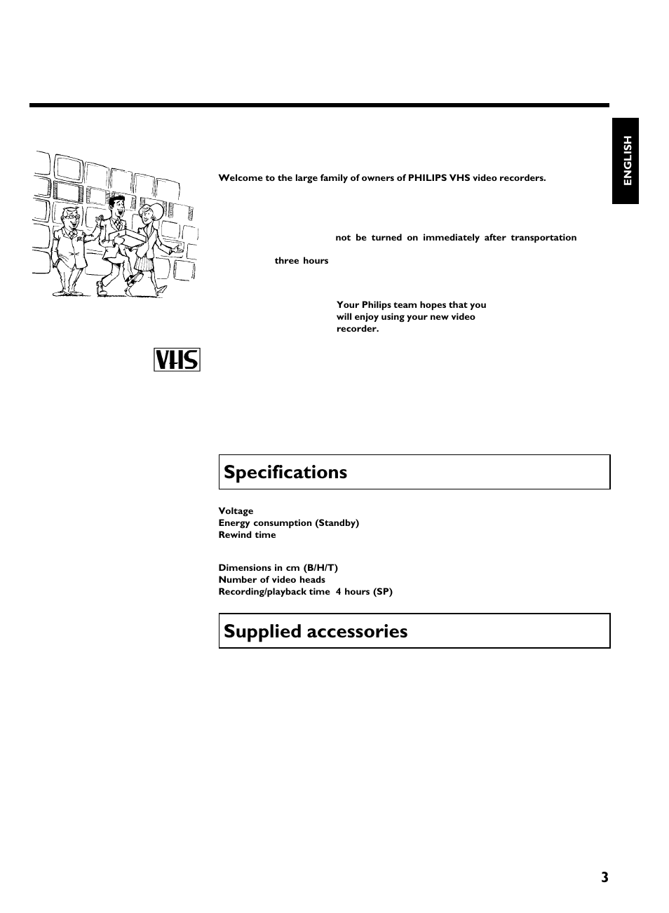 Specifications, Supplied accessories, Introduction | Philips VR270B/07 User Manual | Page 7 / 39