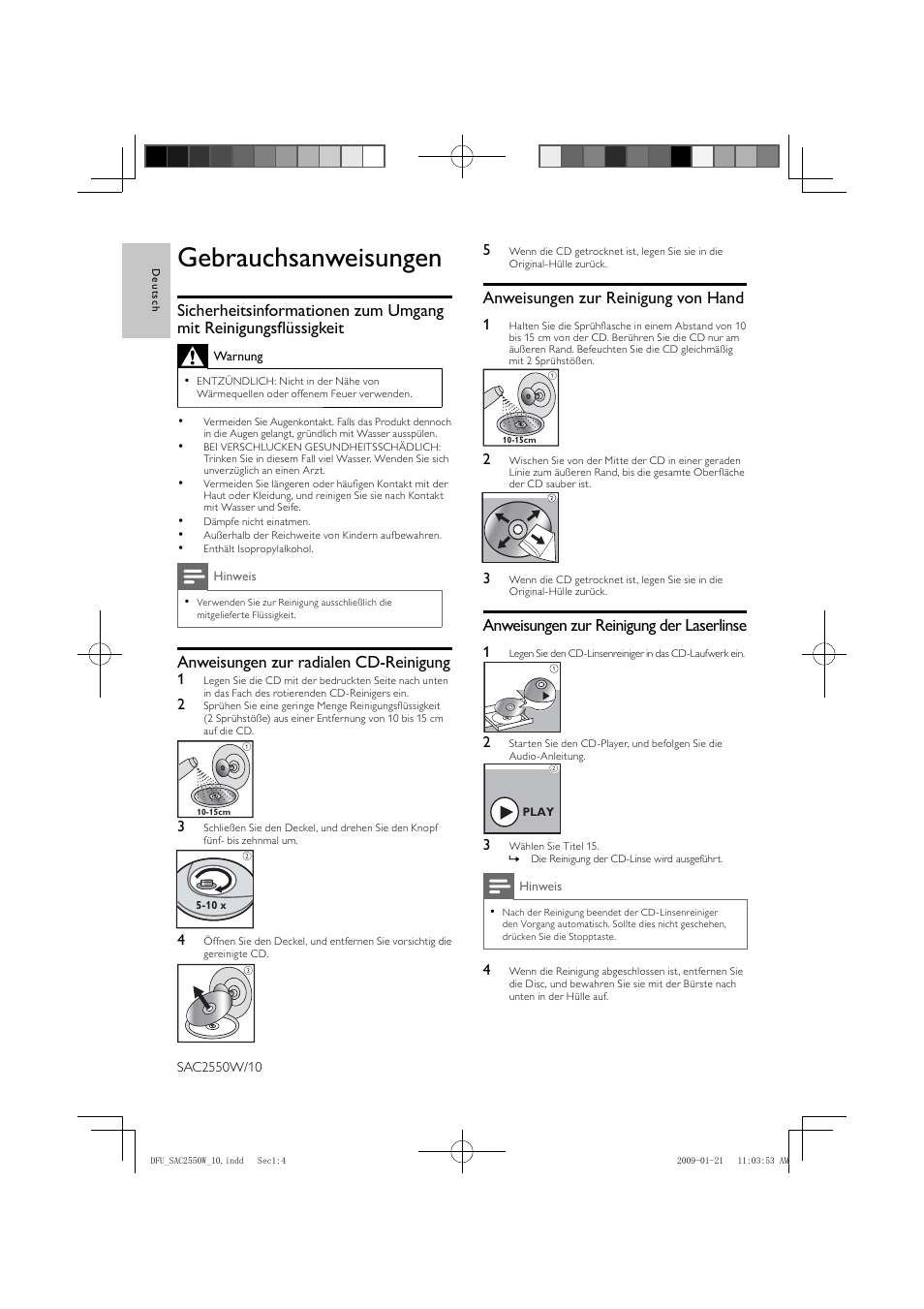 Gebrauchsanweisungen, Anweisungen zur reinigung von hand, Anweisungen zur reinigung der laserlinse | Anweisungen zur radialen cd-reinigung | Philips SAC2550W User Manual | Page 4 / 15