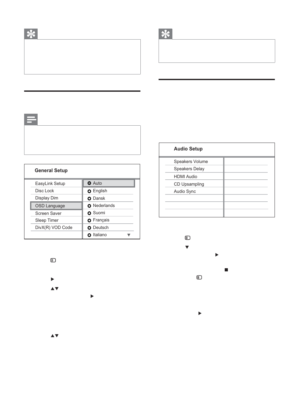 Change speaker settings, Select menu display language | Philips HTS3377W/12 User Manual | Page 18 / 46