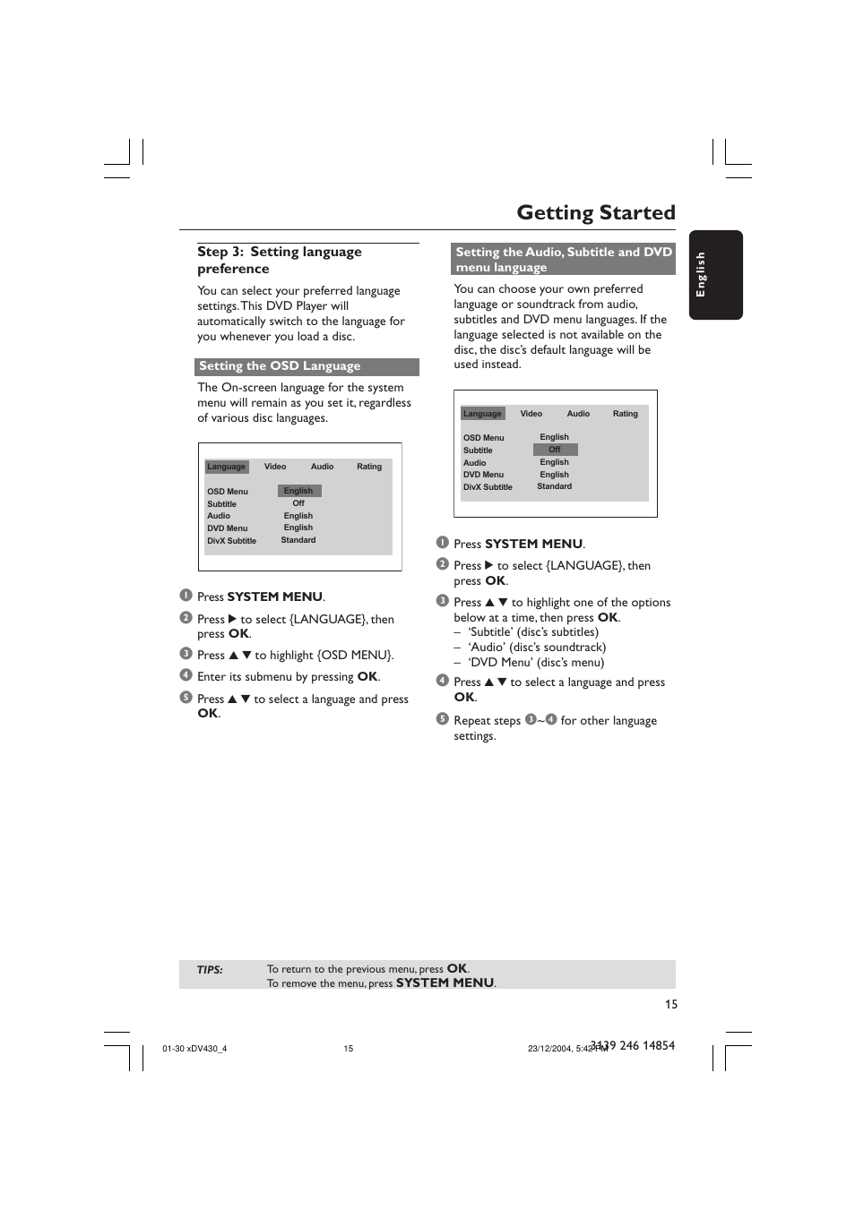 Getting started, Step 3: setting language preference | Philips MMS 430 User Manual | Page 15 / 30