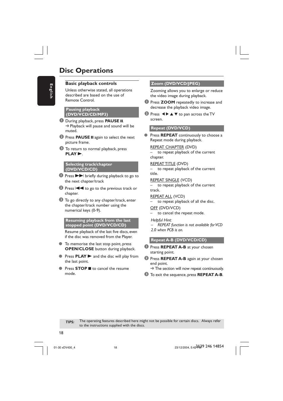 Disc operations | Philips MMS 430 User Manual | Page 18 / 30