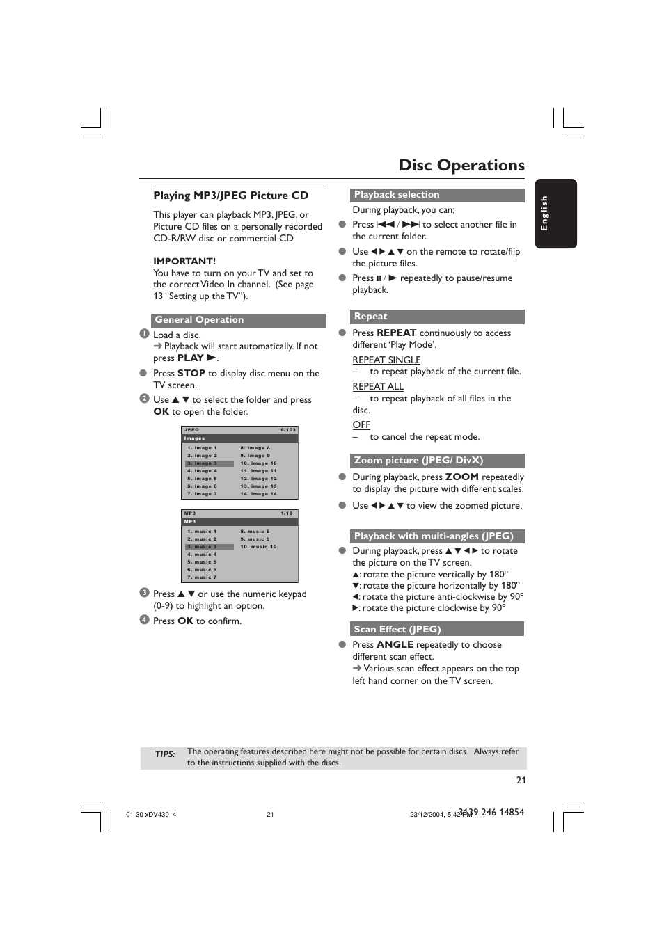 Disc operations, Playing mp3/jpeg picture cd | Philips MMS 430 User Manual | Page 21 / 30