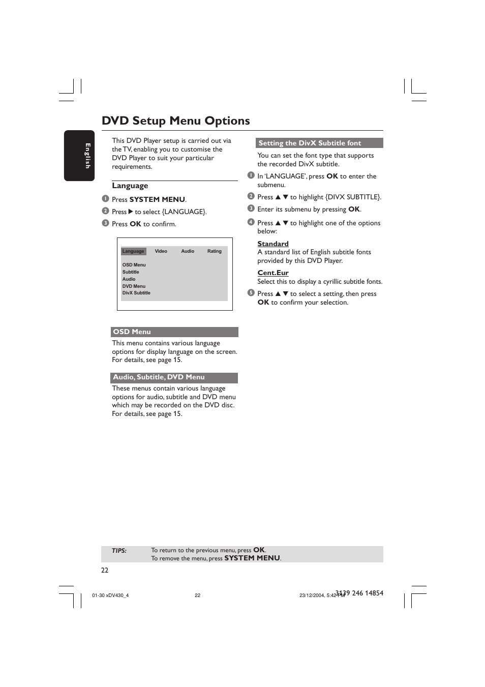 Dvd setup menu options | Philips MMS 430 User Manual | Page 22 / 30