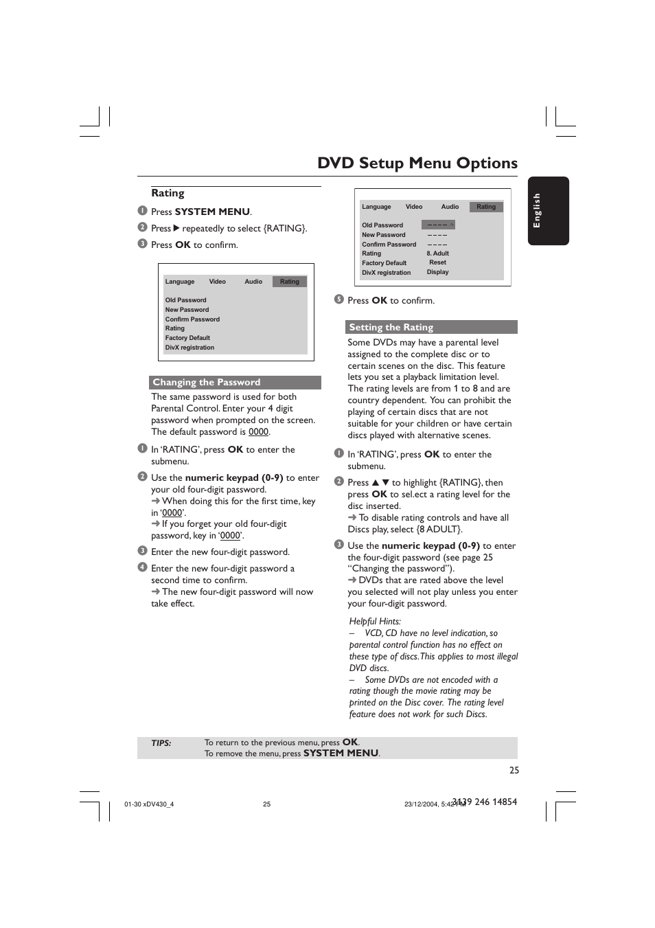 Dvd setup menu options | Philips MMS 430 User Manual | Page 25 / 30