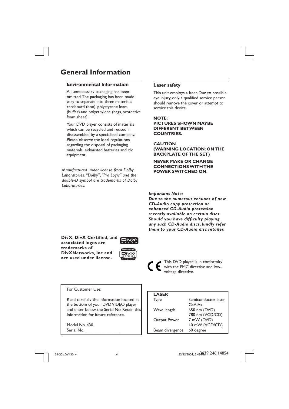 General information | Philips MMS 430 User Manual | Page 4 / 30