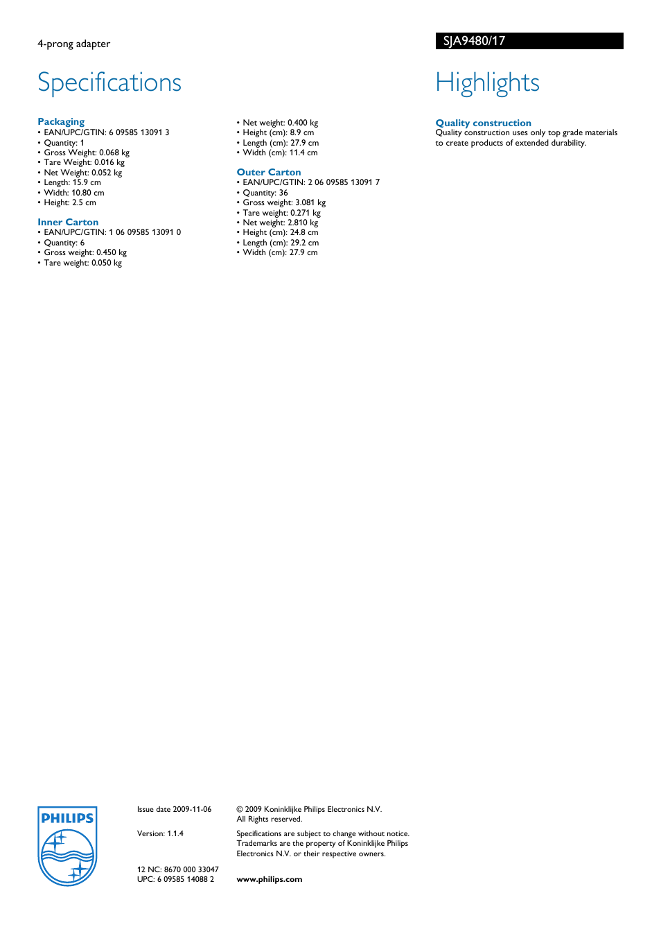 Packaging, Inner carton, Outer carton | Specifications highlights, Philips | Philips SJA9480 User Manual | Page 2 / 2