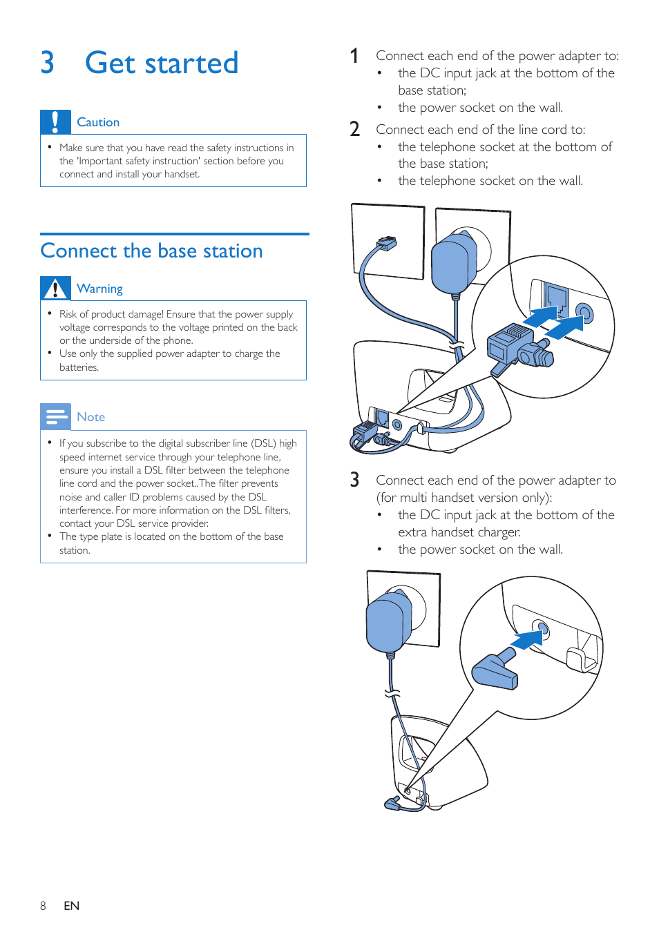 3 get started, Connect the base station | Philips CD295 User Manual | Page 10 / 44