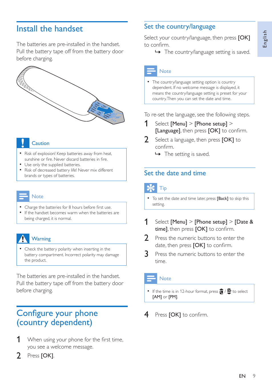 Install the handset, Configure your phone (country dependent), Set the country/language | Set the date and time, Configure your phone (country, Dependent), Configure your phone (country dependent) 1 | Philips CD295 User Manual | Page 11 / 44