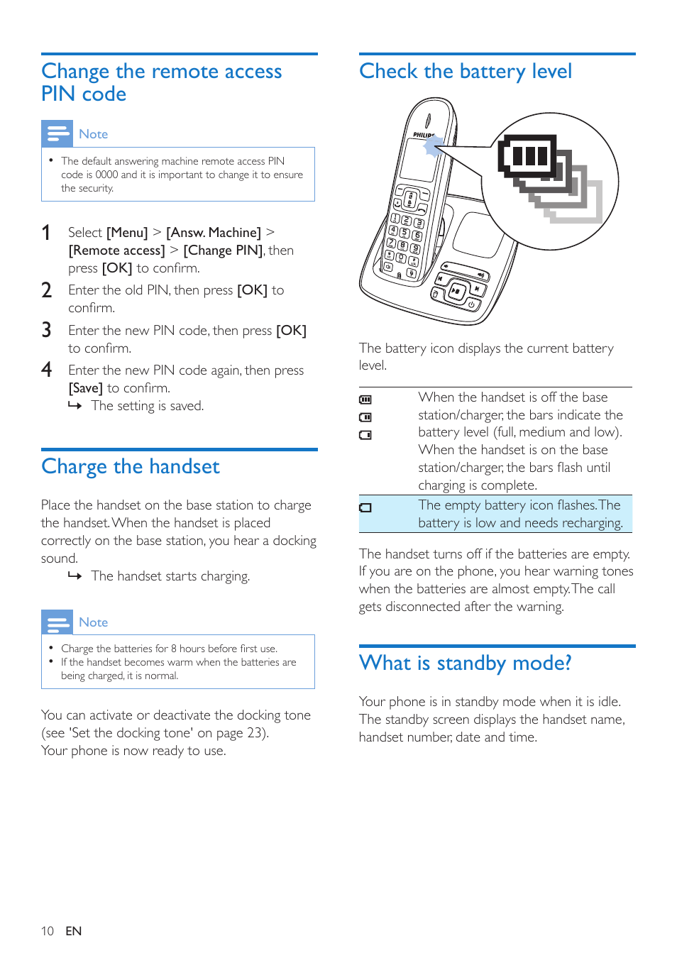 Change the remote access pin code, Charge the handset, Check the battery level | What is standby mode, Change the remote access pin code 10 | Philips CD295 User Manual | Page 12 / 44