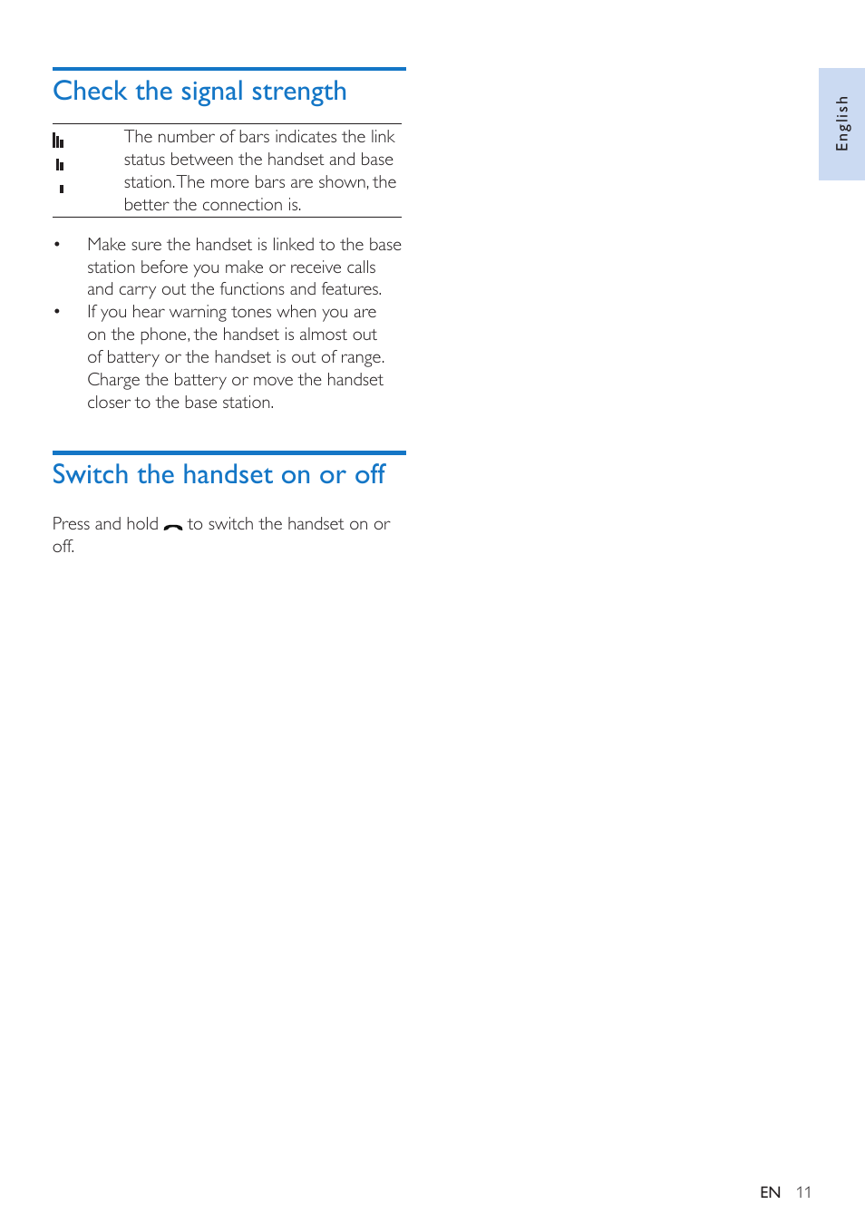 Check the signal strength, Switch the handset on or off | Philips CD295 User Manual | Page 13 / 44