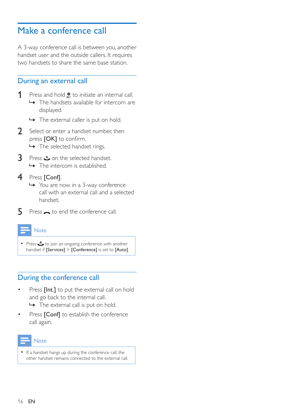 Make a conference call, During an external call, During the conference call | Philips CD295 User Manual | Page 18 / 44