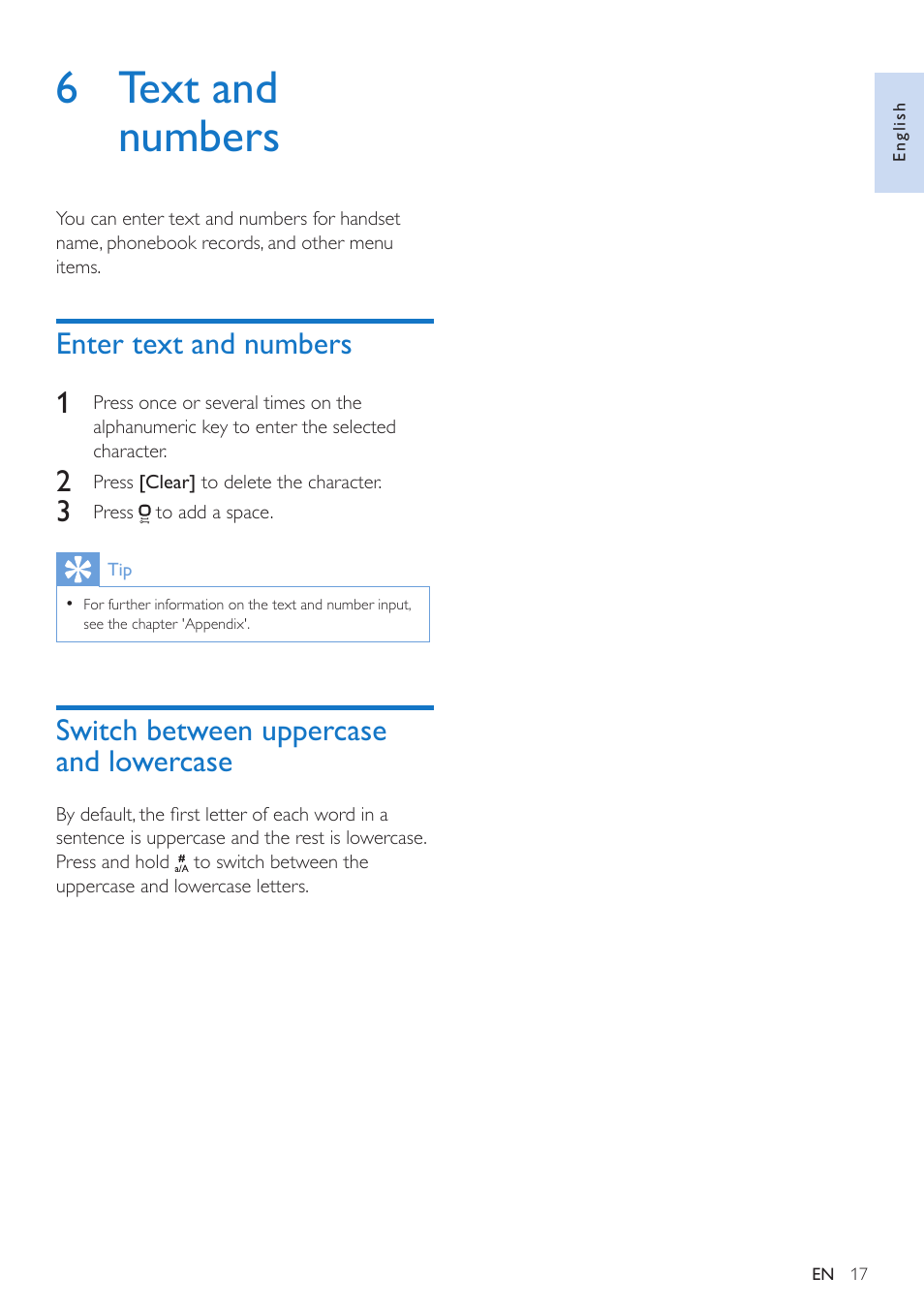 6 text and numbers, Enter text and numbers, Switch between uppercase and lowercase | Switch between uppercase and, Lowercase, Enter text and numbers 1 | Philips CD295 User Manual | Page 19 / 44