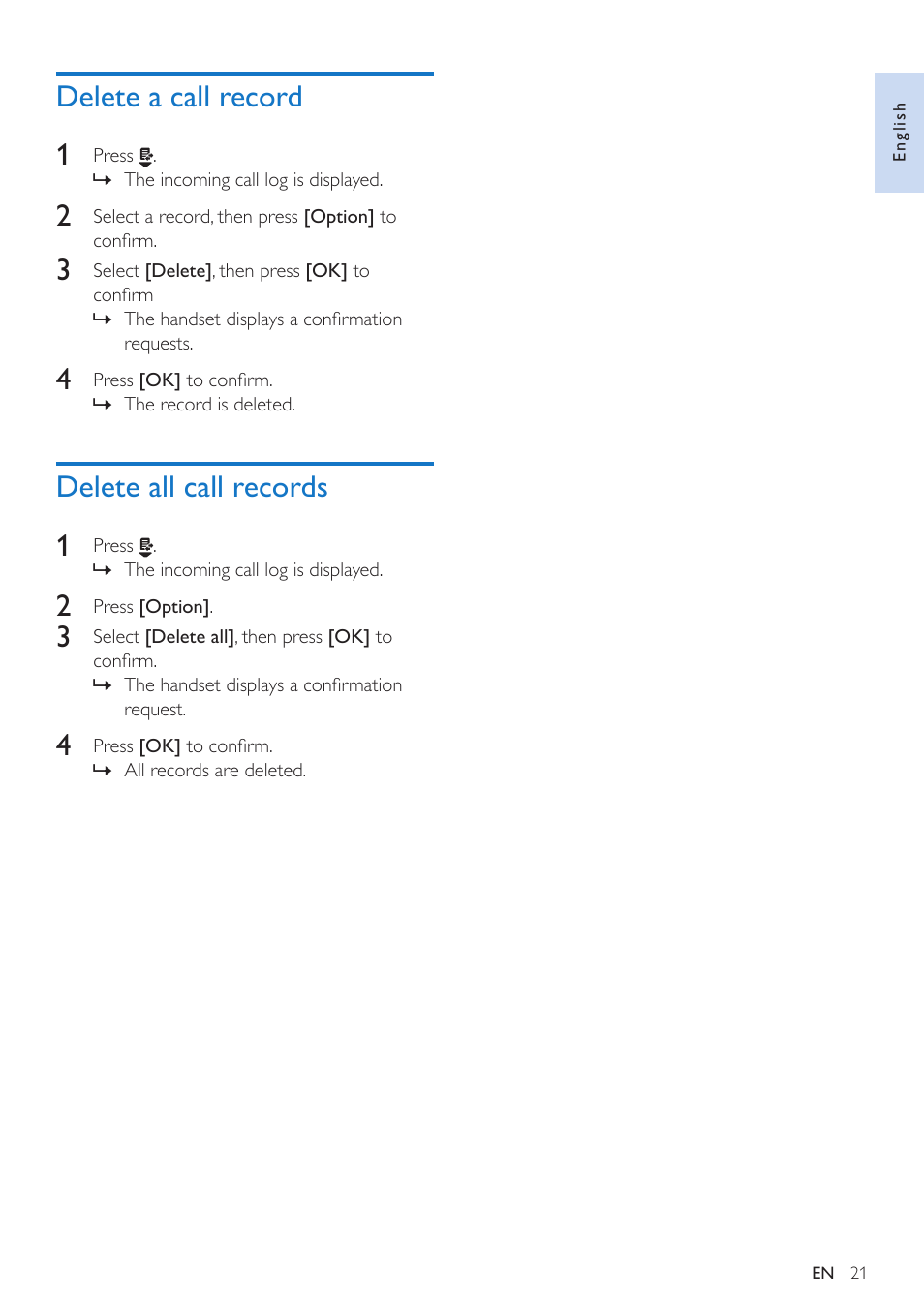 Delete a call record, Delete all call records, Delete a call record 1 | Delete all call records 1 | Philips CD295 User Manual | Page 23 / 44