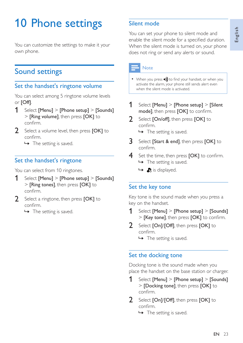 10 phone settings, Sound settings, Set the handset's ringtone volume | Set the handset's ringtone, Silent mode, Set the key tone, Set the docking tone | Philips CD295 User Manual | Page 25 / 44