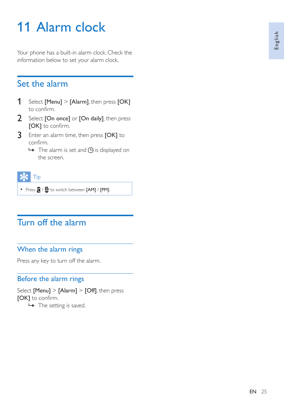 11 alarm clock, Set the alarm, Turn off the alarm | When the alarm rings, Before the alarm rings, Set the alarm 1 | Philips CD295 User Manual | Page 27 / 44