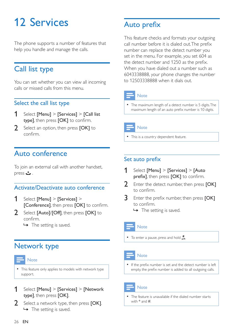 12 services, Call list type, Select the call list type | Auto conference, Activate/deactivate auto conference, Network type, Auto prefix, Set auto prefix | Philips CD295 User Manual | Page 28 / 44