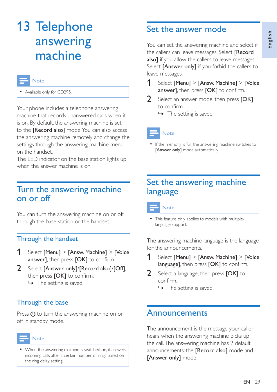 13 telephone answering machine, Turn the answering machine on or off, Through the handset | Through the base, Set the answer mode, Set the answering machine language, Announcements, Turn the answering machine on or off 29, Set the answering machine language 29 | Philips CD295 User Manual | Page 31 / 44